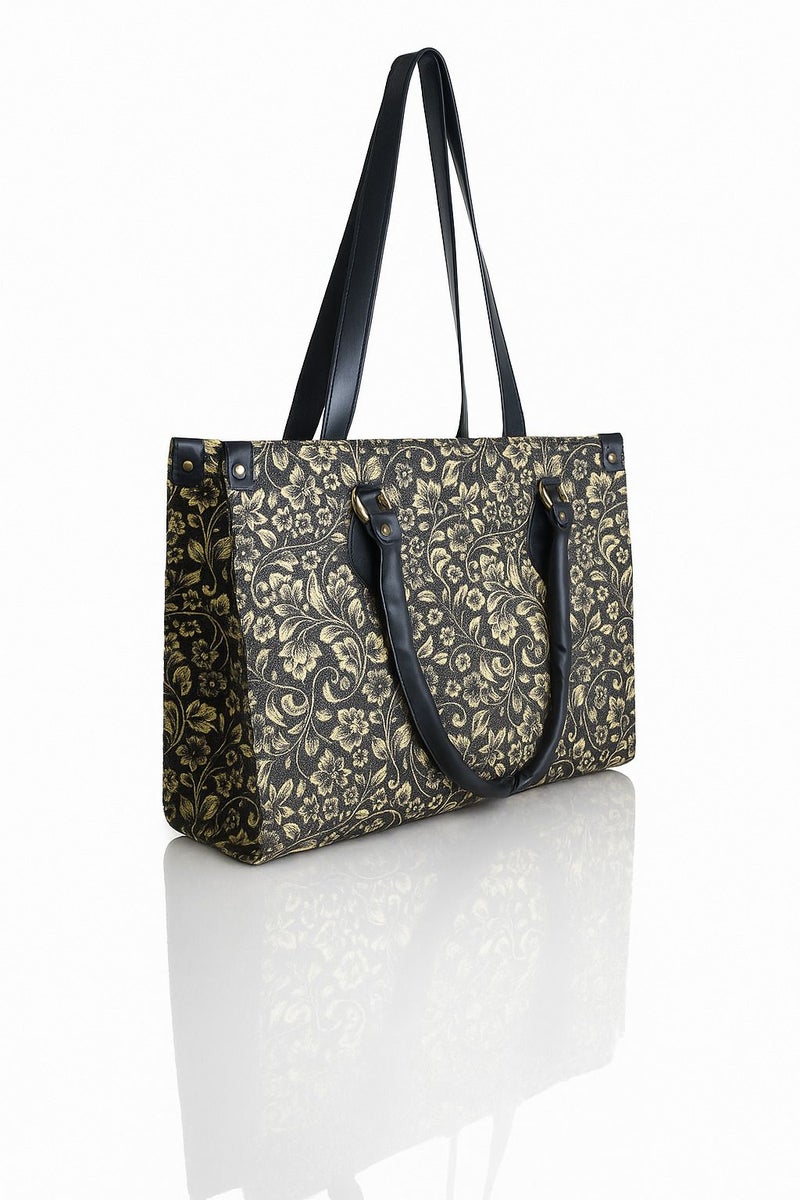 Osman Black & Gold Floral Tote Handbag for Women - Image 2